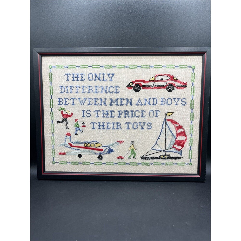 Men Boys Toys Sailboat Plane Car 12”X27”Framed Crewel Needle Point Gift